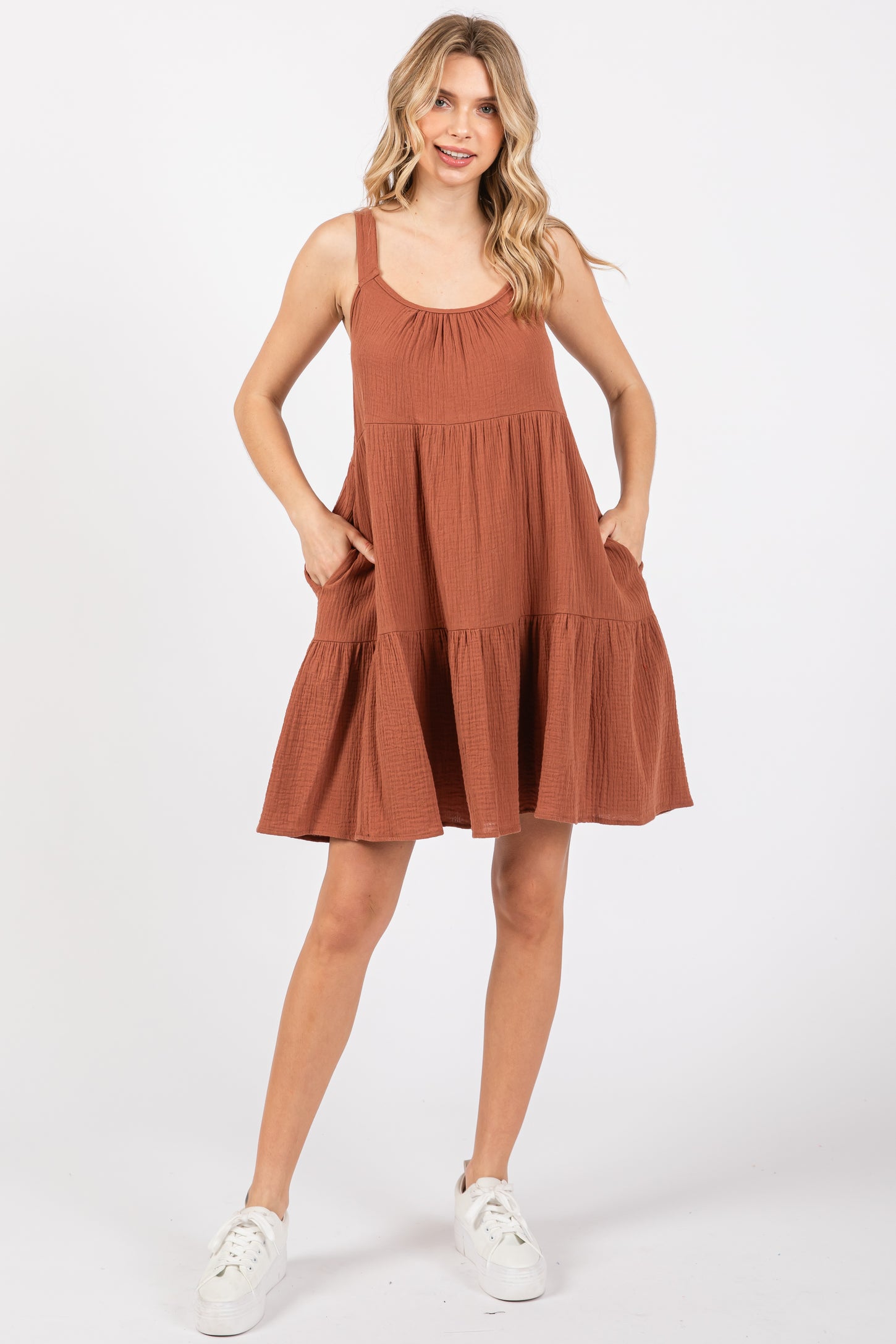 Mocha Sleeveless Tiered Ruffle Hem Dress