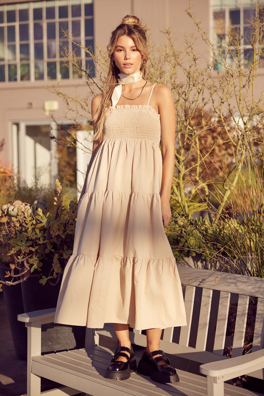 Beige Smocked Cut-Out Back Tiered Midi Dress  PinkBlush