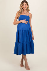 Royal Blue Smocked Cut-Out Back Tiered Maternity Midi Dress