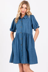 Blue Chambray Puff Sleeve Button Down Dress