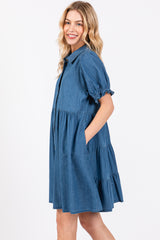 Blue Chambray Puff Sleeve Button Down Dress