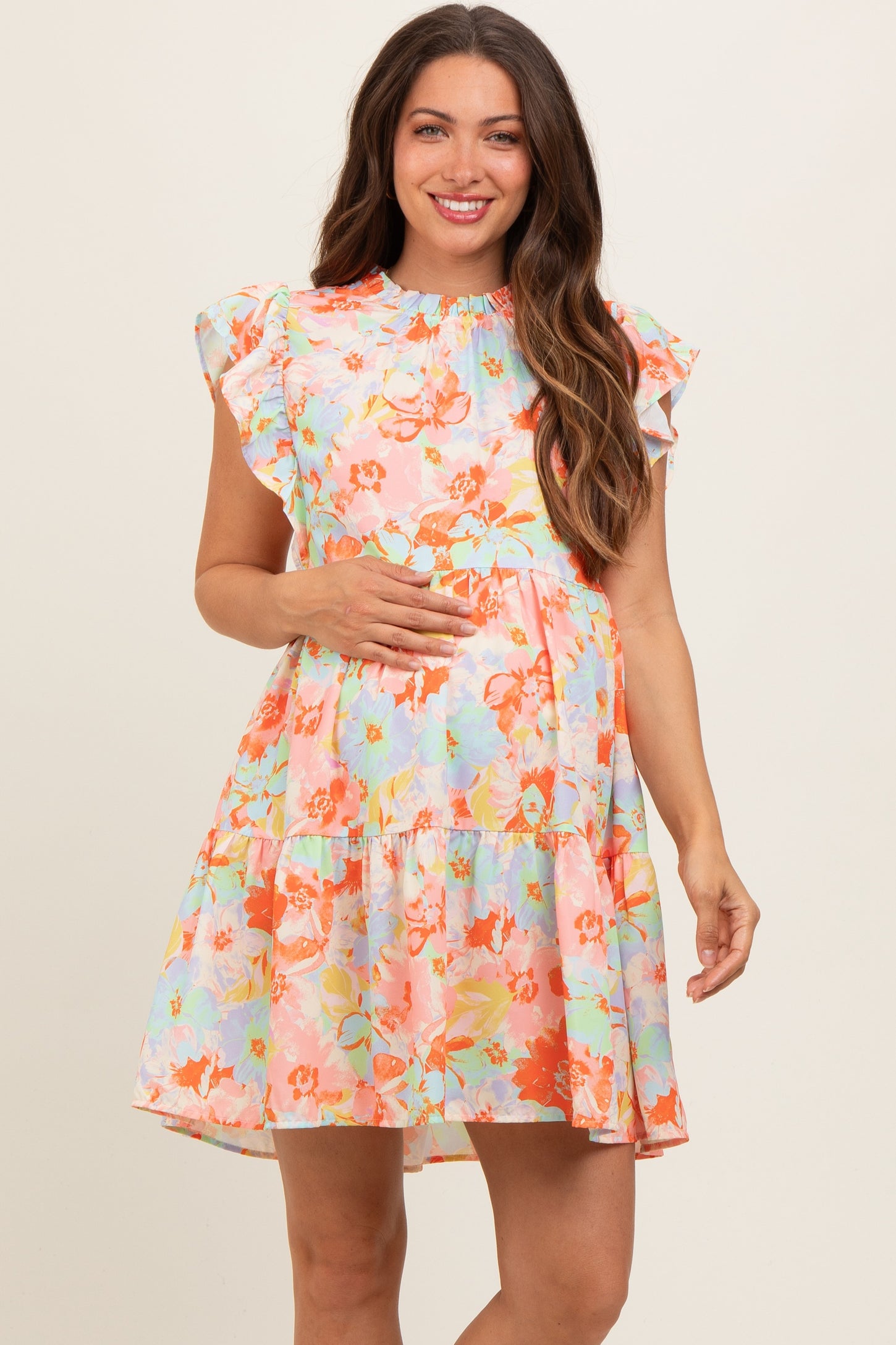 Orange Floral Ruffle Tiered Maternity Dress– PinkBlush