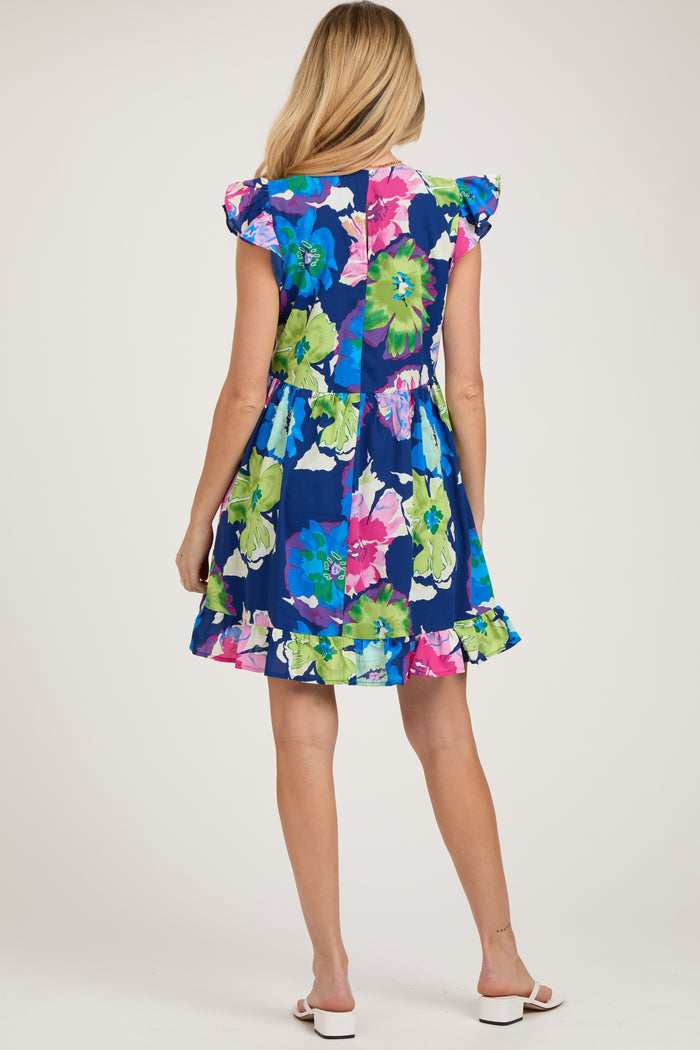 Navy Blue Floral Ruffle Shoulder Maternity Dress