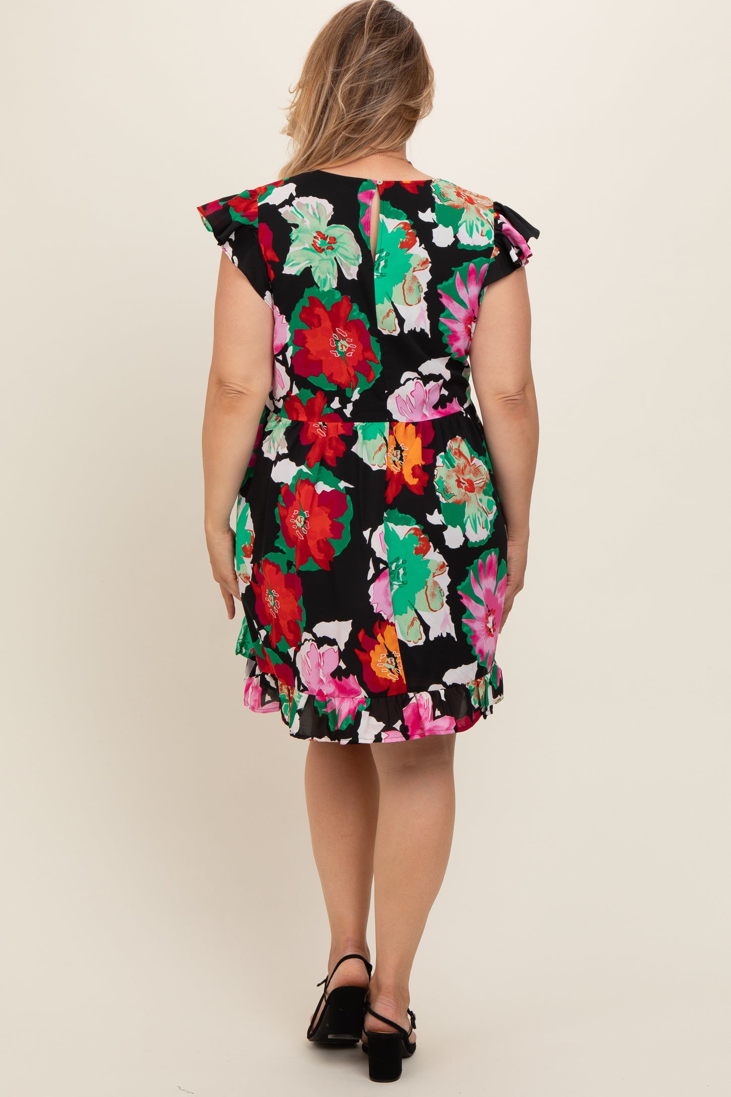 Black Floral Ruffle Accent Maternity Plus Dress