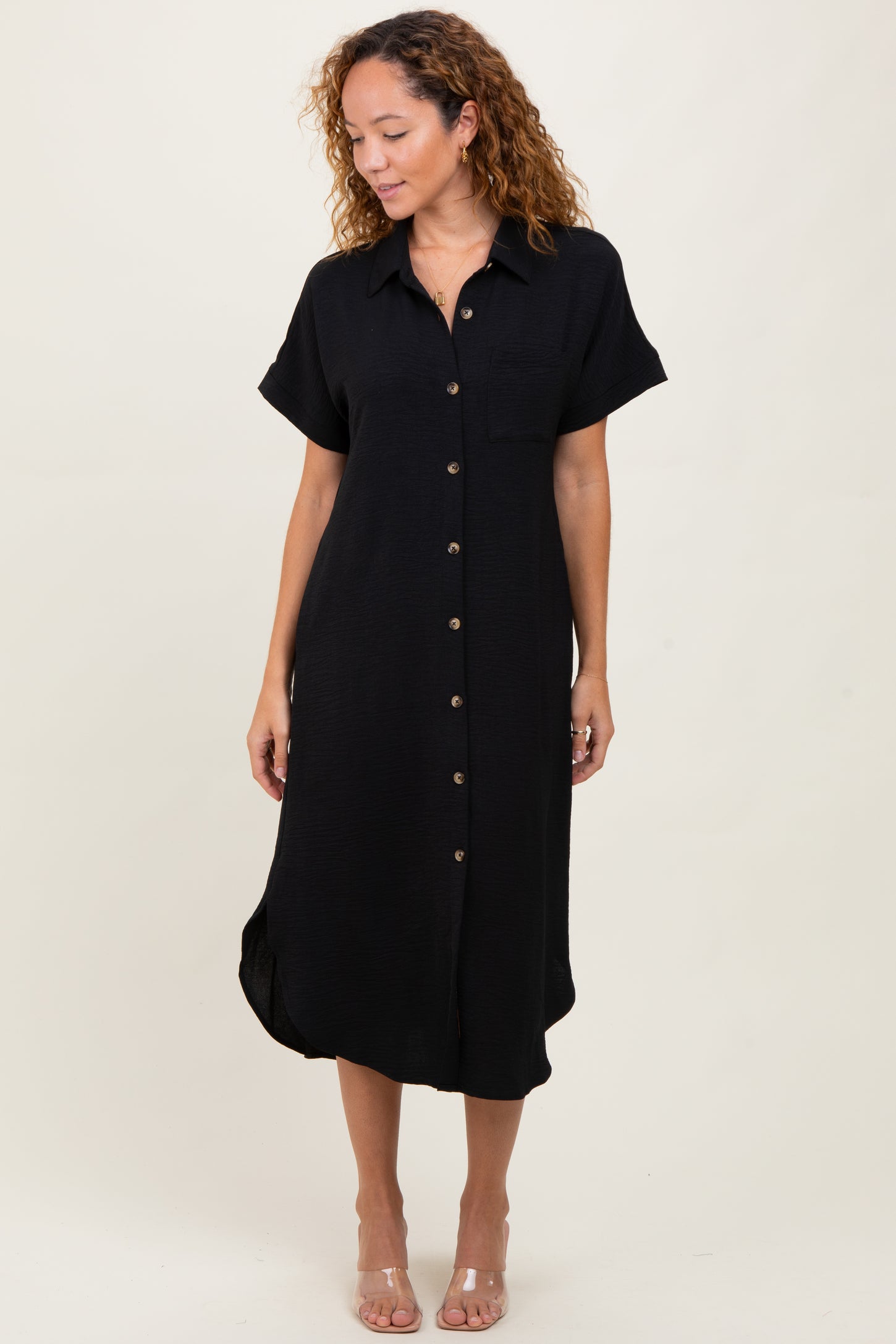 Black Button Down Front Pocket Maternity Midi Dress PinkBlush Black Button Down Front Pocket Maternity Midi Dress PinkBlush