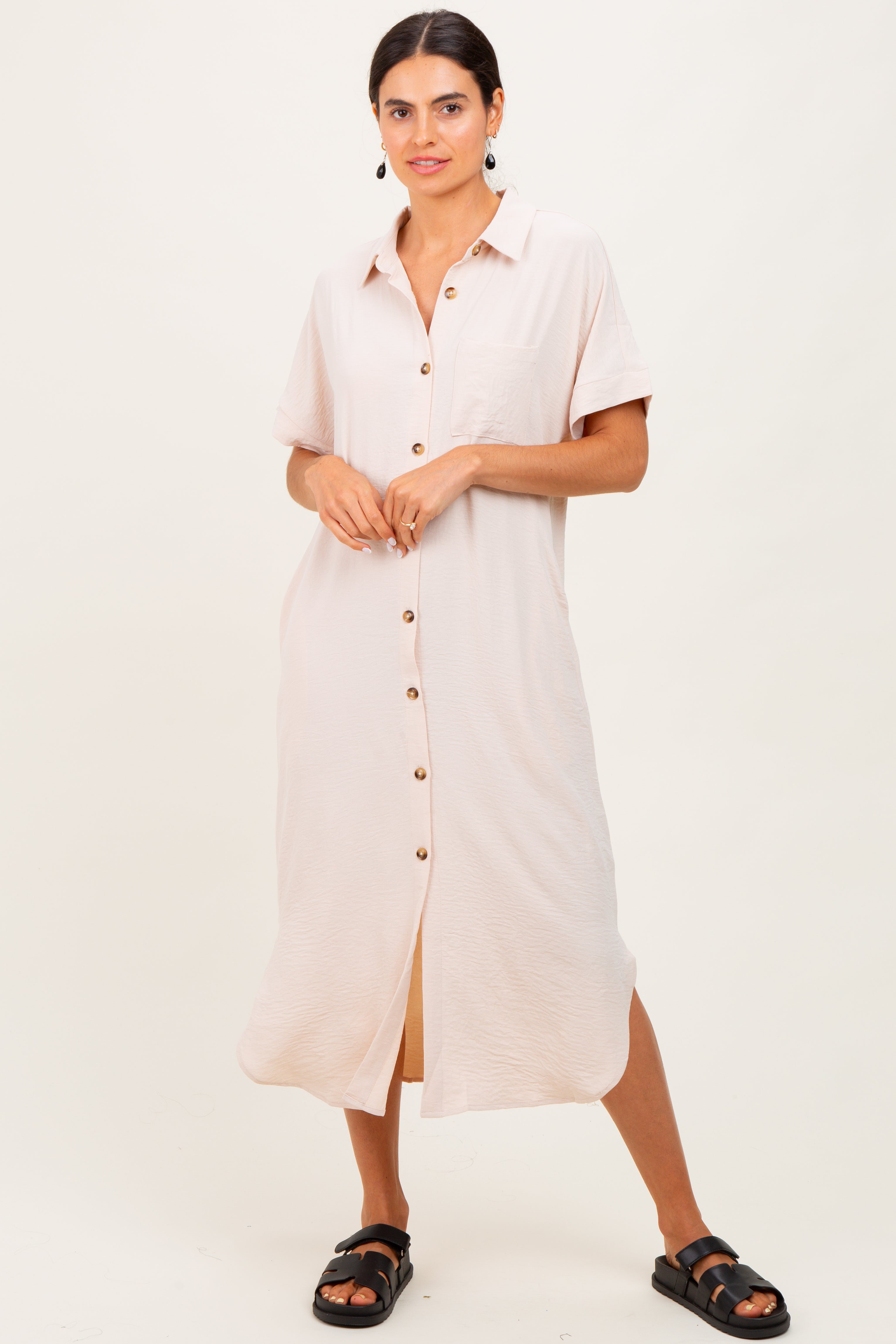 beige dress with buttons Beige linen shirt dress with mother of pearl buttons and pockets main image 1