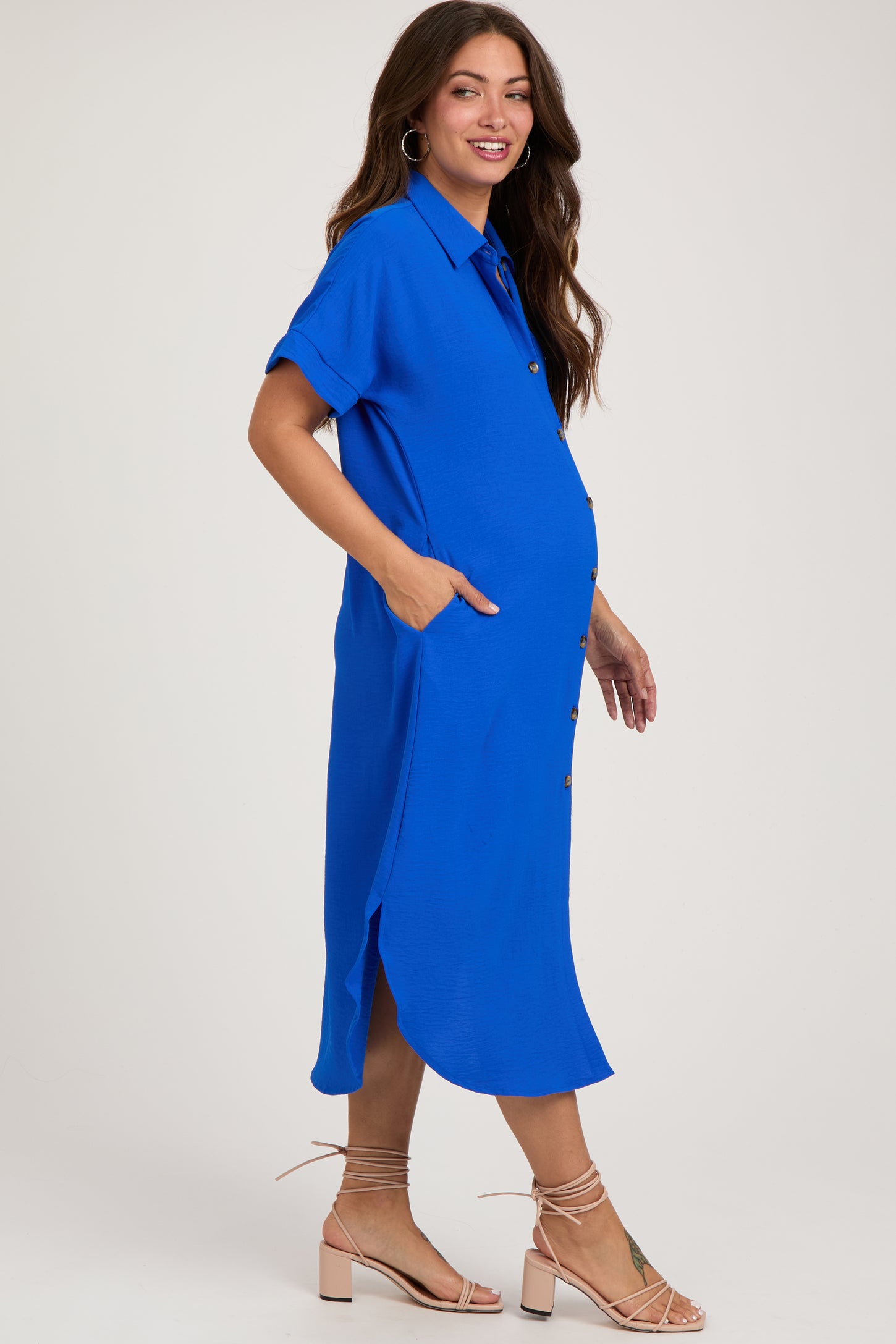 Royal Blue Button Down Front Pocket Maternity Midi Dress – PinkBlush