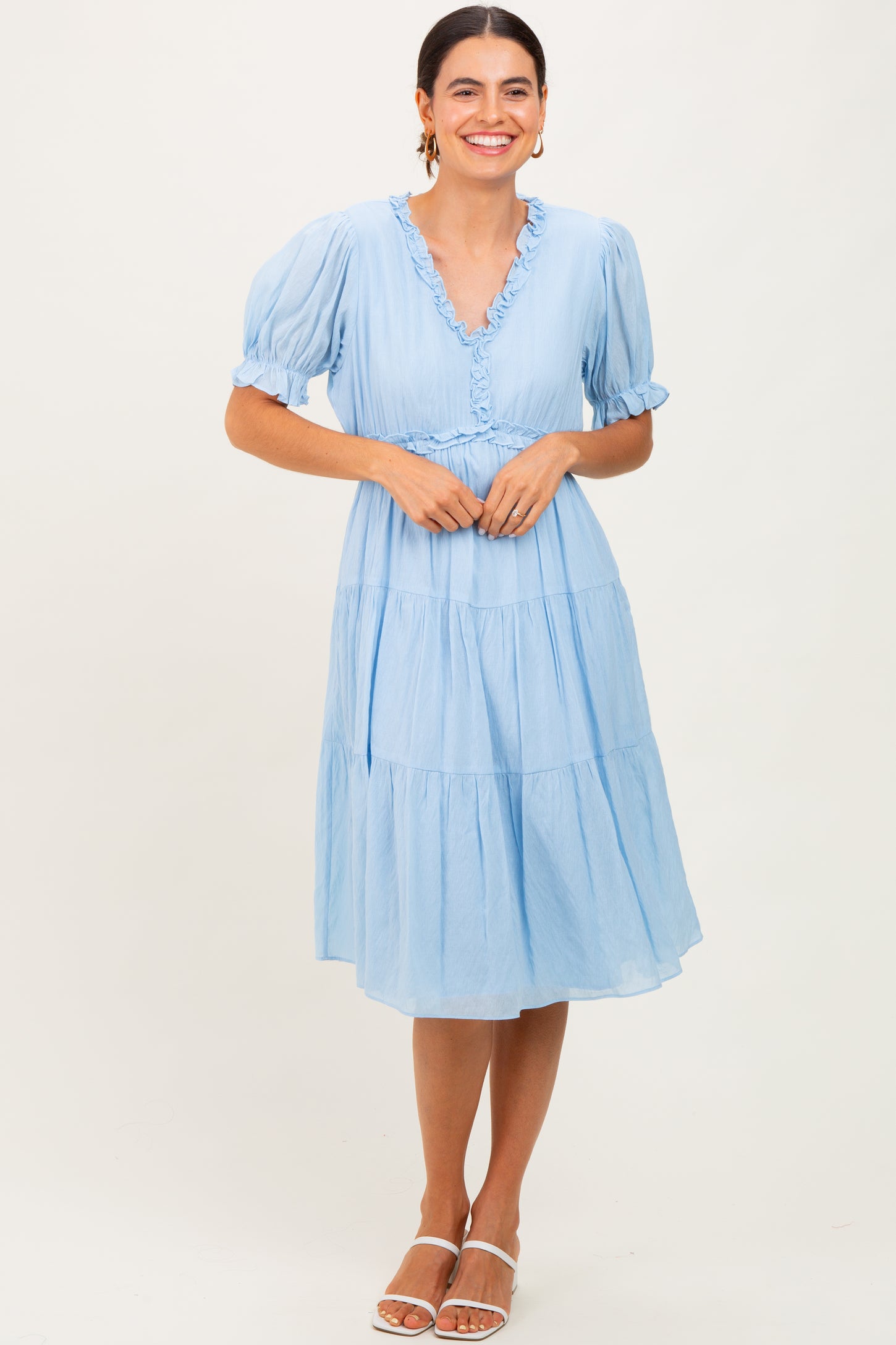 Light Blue Ruffle Trim Tiered Dress