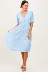 Light Blue Ruffle Trim Tiered Dress