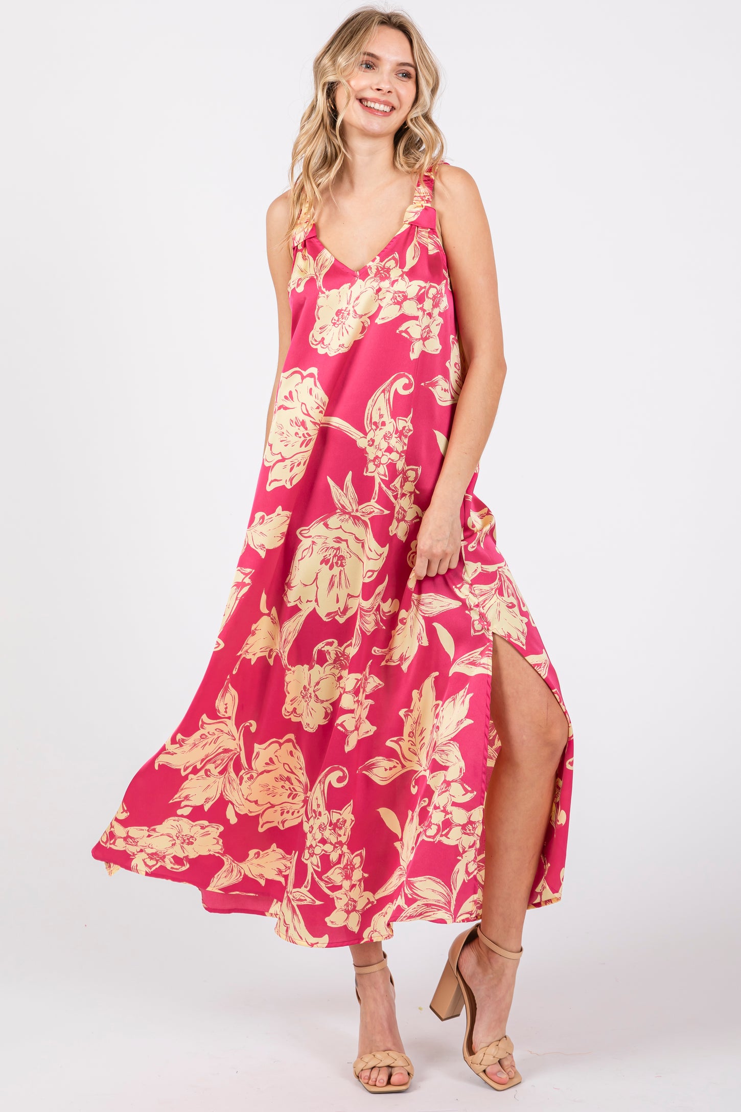 floral ruched midi dress Floral Ruched Slip A-Line Midi Dress