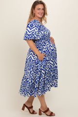 Royal Printed Smocked Puff Sleeve Plus Maternity Midi Dress