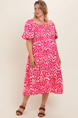 Fuchsia Printed Smocked Puff Sleeve Plus Maternity Midi Dress