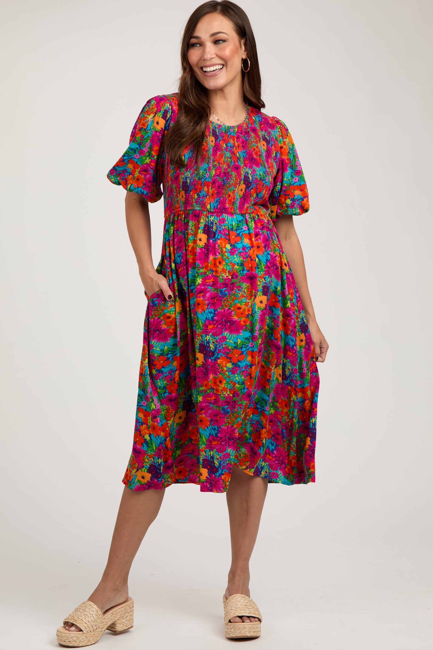 Fuchsia Multi-Color Floral Smocked Puff Sleeve Maternity Dress PinkBlush Fuchsia Multi-Color Floral Smocked Puff Sleeve Maternity Dress PinkBlush