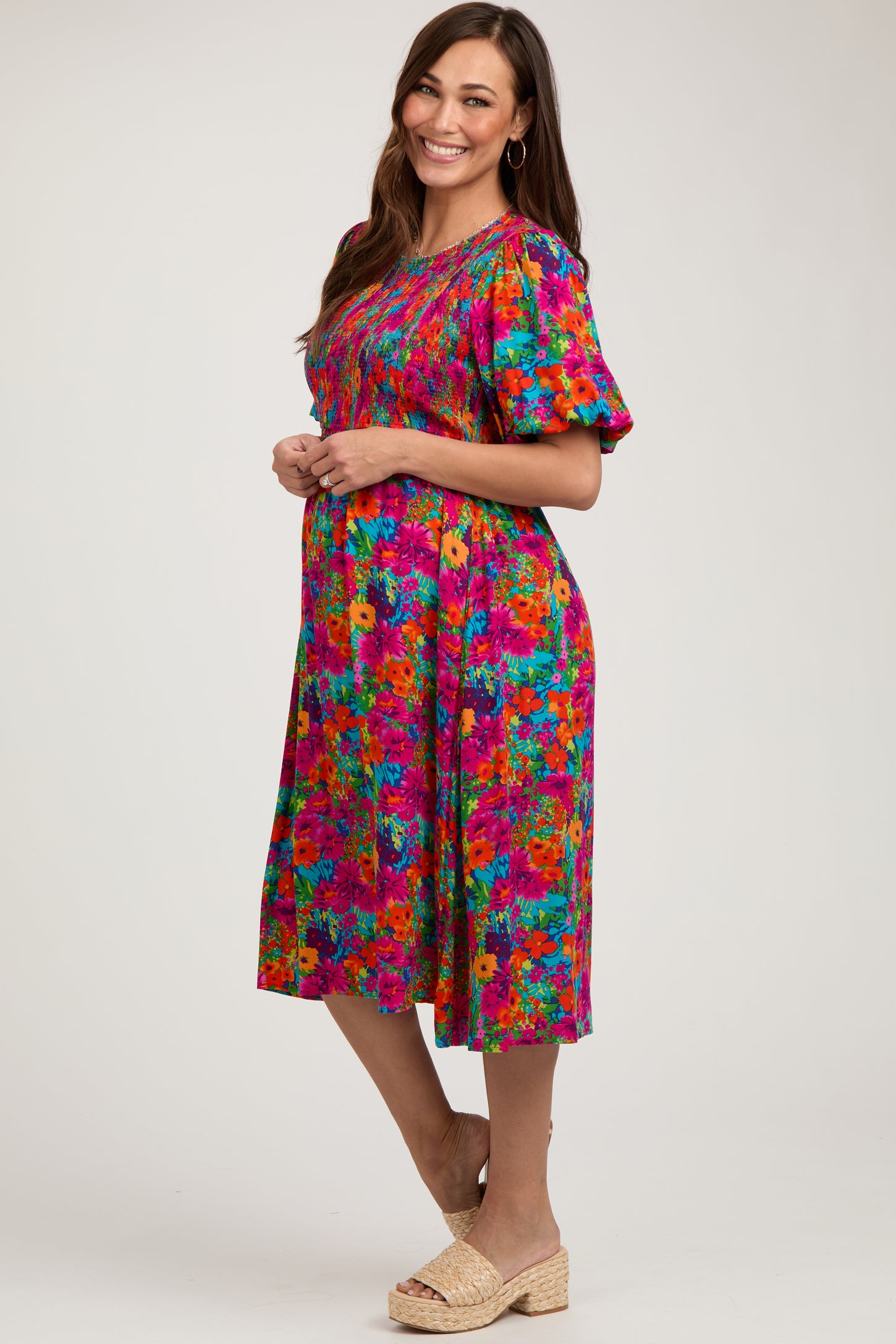 Fuchsia Multi-Color Floral Smocked Puff Sleeve Maternity Dress PinkBlush Fuchsia Multi-Color Floral Smocked Puff Sleeve Maternity Dress PinkBlush