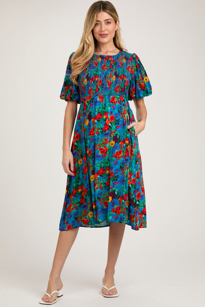 Blue Multi-Color Floral Smocked Puff Sleeve Maternity Dress