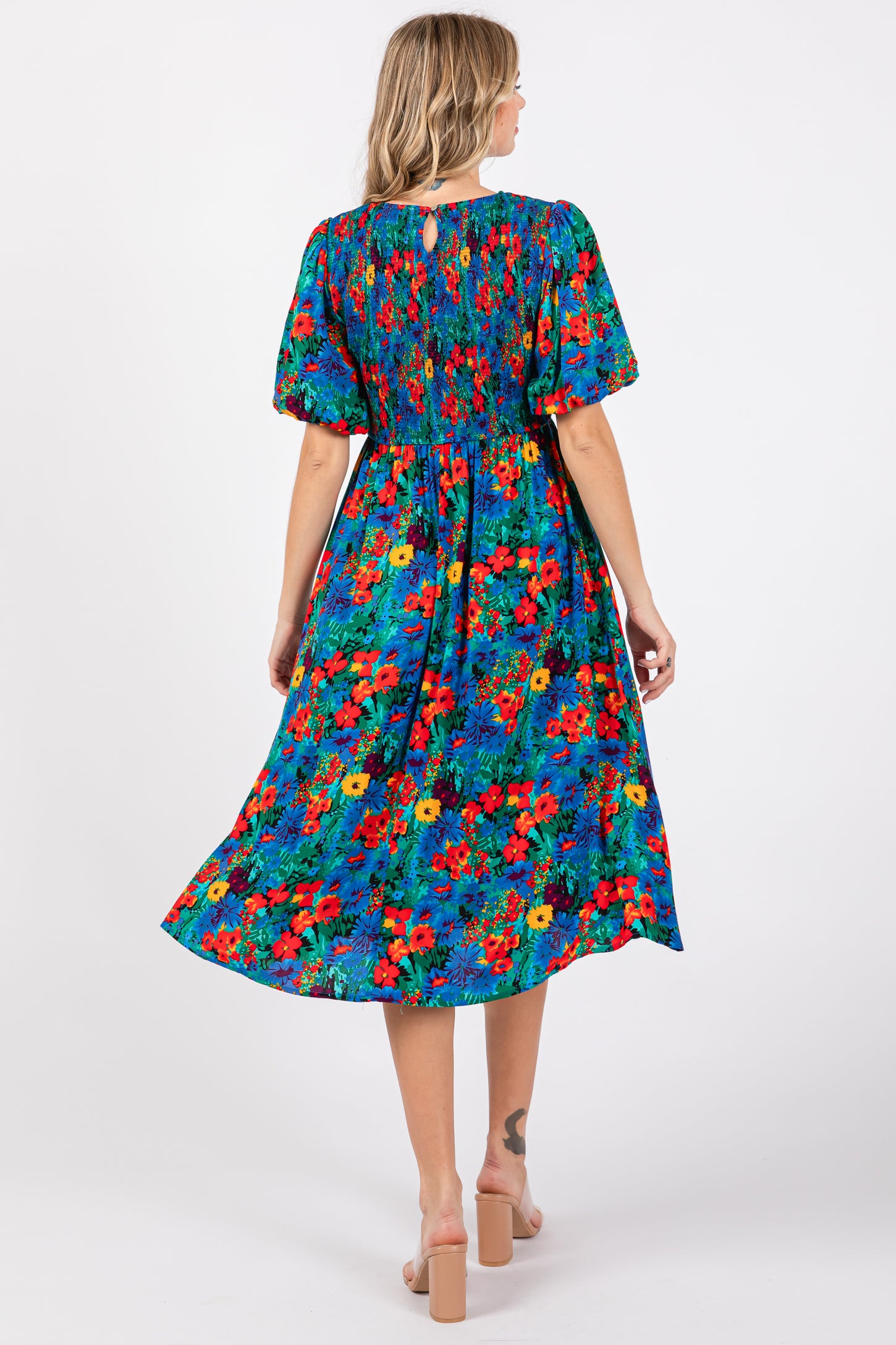 Blue Multi-Color Floral Smocked Puff Sleeve Dress