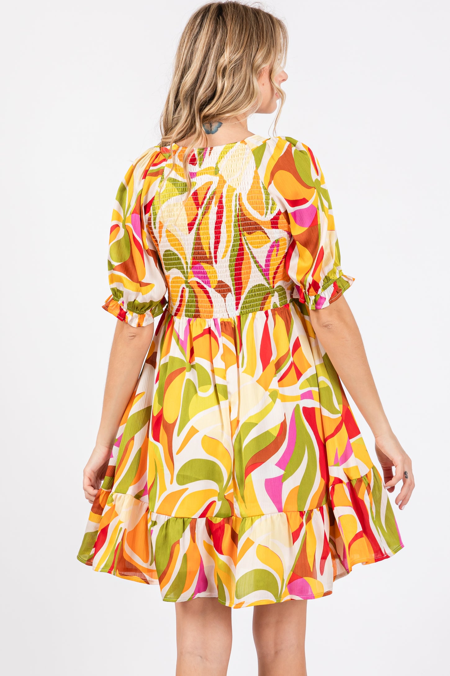 yellow smock dress Yellow Abstract Print Smocked Dress – PinkBlush