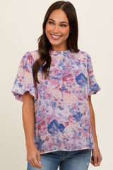 Blue Floral Puff Sleeve Maternity Blouse