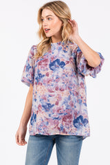 Blue Floral Puff Sleeve Maternity Blouse