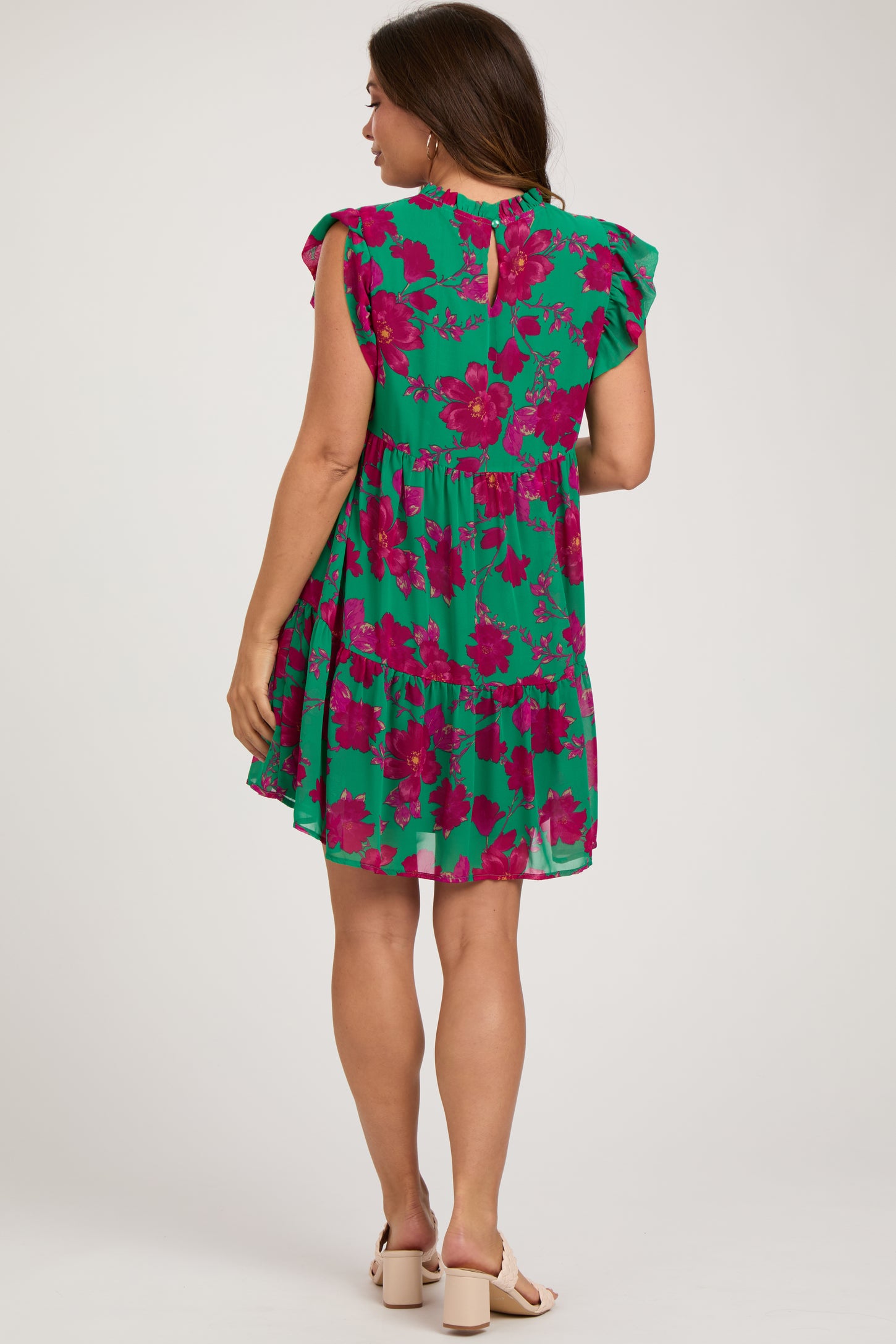 Green Magenta Floral Tiered Maternity Mini Dress PinkBlush Green Magenta Floral Tiered Maternity Mini Dress PinkBlush