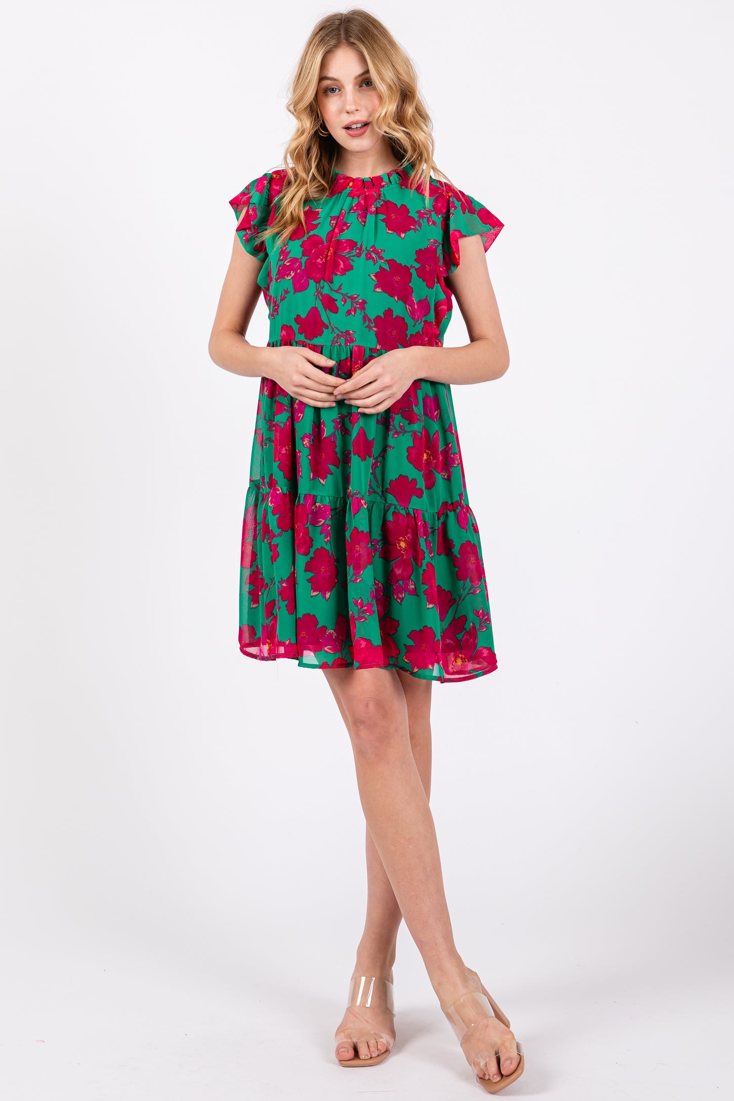 Green Magenta Floral Tiered Maternity Mini Dress PinkBlush Green Magenta Floral Tiered Maternity Mini Dress PinkBlush
