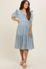 Blue Denim Button Front Short Sleeve Tiered Maternity Midi Dress