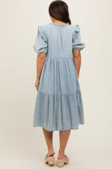 Blue Denim Button Front Short Sleeve Tiered Maternity Midi Dress
