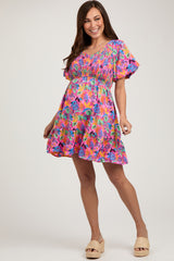 Pink Multi-Color Tropical Print Ruffle Hem Maternity Dress