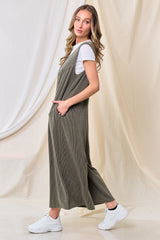 Olive Ribbed Sleeveless Button Front Jumpsuit