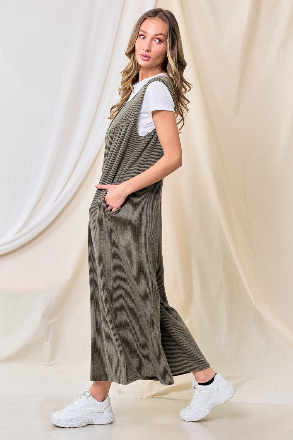 Olive Ribbed Sleeveless Button Front Jumpsuit