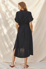 Black Button Down Belted Dolman Sleeve Midi Dress