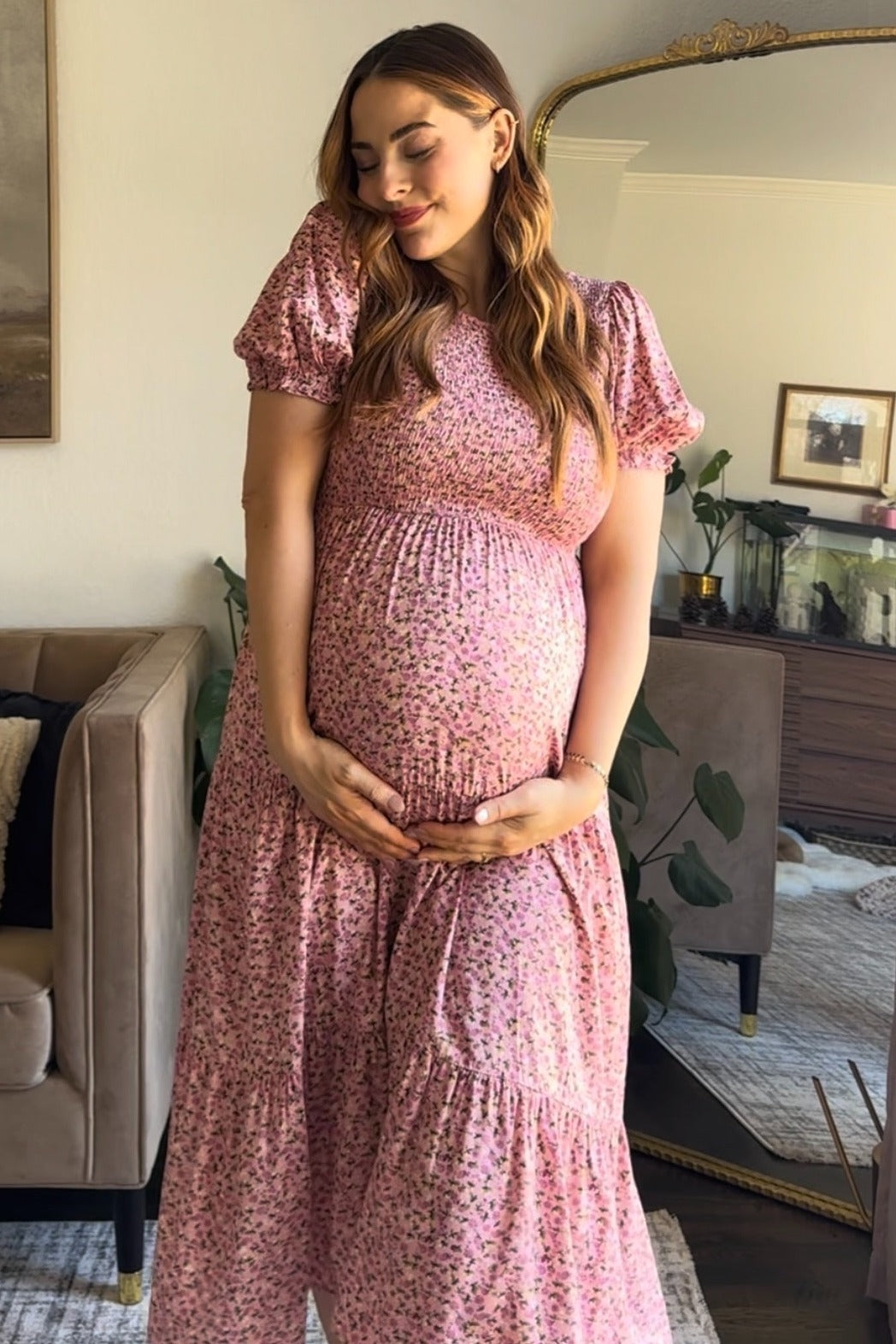 Pink Floral Smocked Maternity Midi Dress