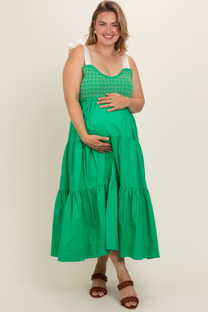 Green Ribbon Strap Tiered Plus Maternity Maxi Dress Green Ribbon Strap Tiered Plus Maternity Maxi Dress