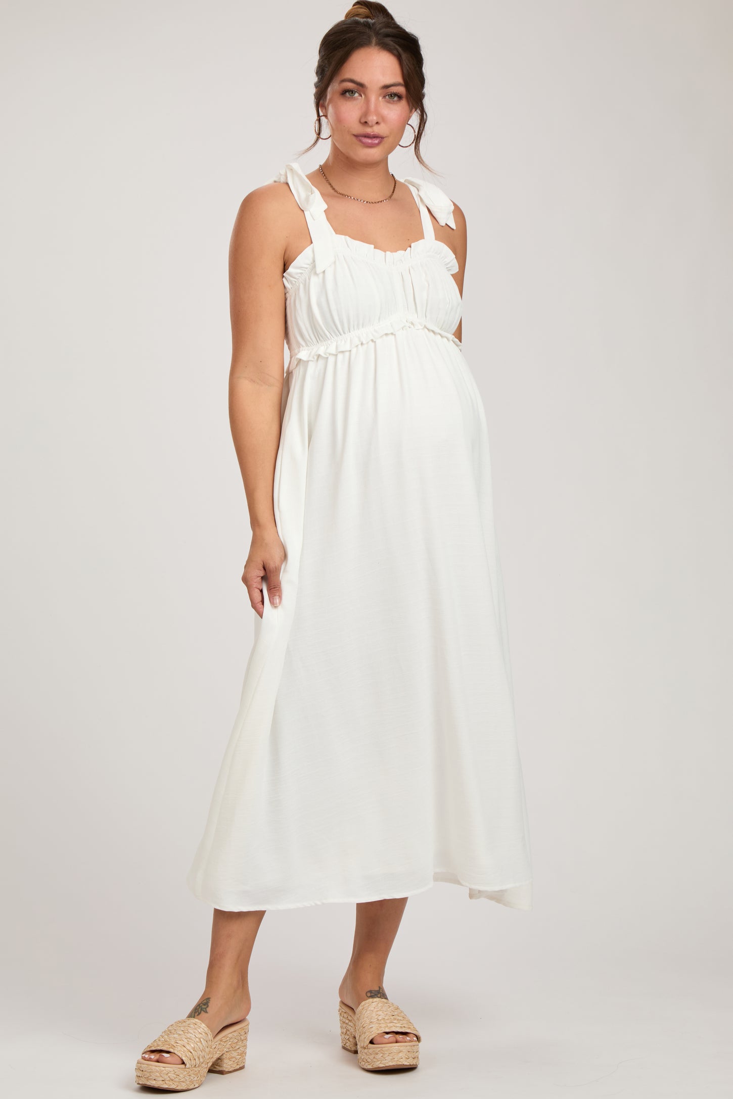 White Ruffle Accent Shoulder Tie Maternity Midi Dress PinkBlush White Ruffle Accent Shoulder Tie Maternity Midi Dress PinkBlush
