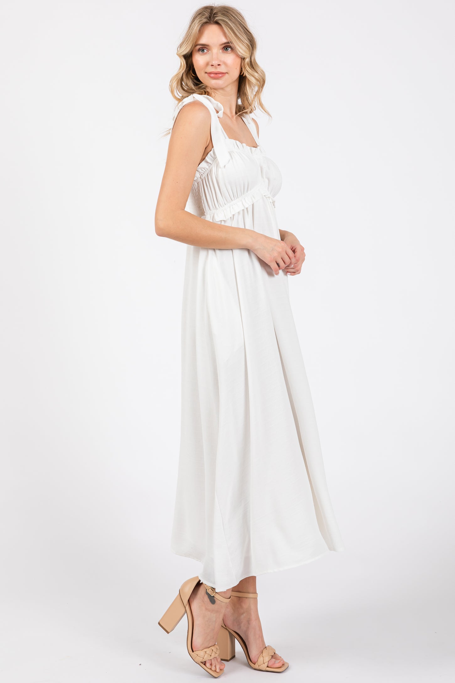 white tie shoulder midi dress Crochet Embroidered Tie Shoulder Midi Dress Off White Small