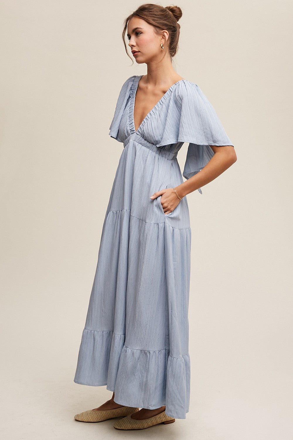 Light Blue Deep V-Neck Flutter Sleeve Tiered Midi Dress PinkBlush Light Blue Deep V-Neck Flutter Sleeve Tiered Midi Dress PinkBlush