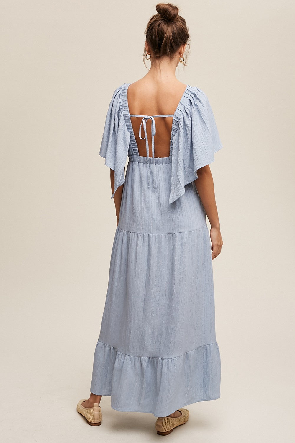 Light Blue Deep V-Neck Flutter Sleeve Tiered Midi Dress PinkBlush Light Blue Deep V-Neck Flutter Sleeve Tiered Midi Dress PinkBlush