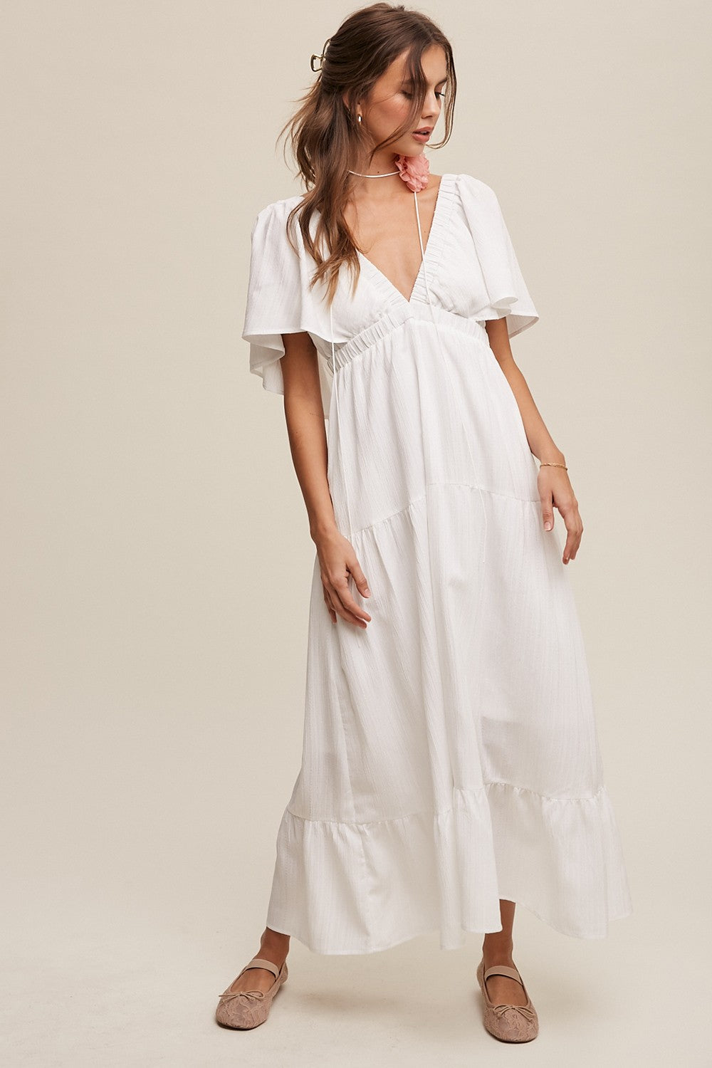 Ivory Deep V-Neck Flutter Sleeve Tiered Maternity Midi Dress Ivory Deep V-Neck Flutter Sleeve Tiered Maternity Midi Dress