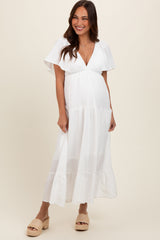 Ivory Deep V-Neck Flutter Sleeve Tiered Maternity Midi Dress