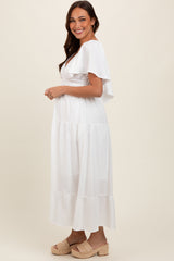 Ivory Deep V-Neck Flutter Sleeve Tiered Maternity Midi Dress