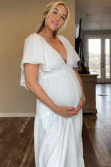 Ivory Deep V-Neck Flutter Sleeve Tiered Maternity Midi Dress