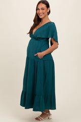 Emerald Deep V-Neck Flutter Sleeve Tiered Maternity Midi Dress