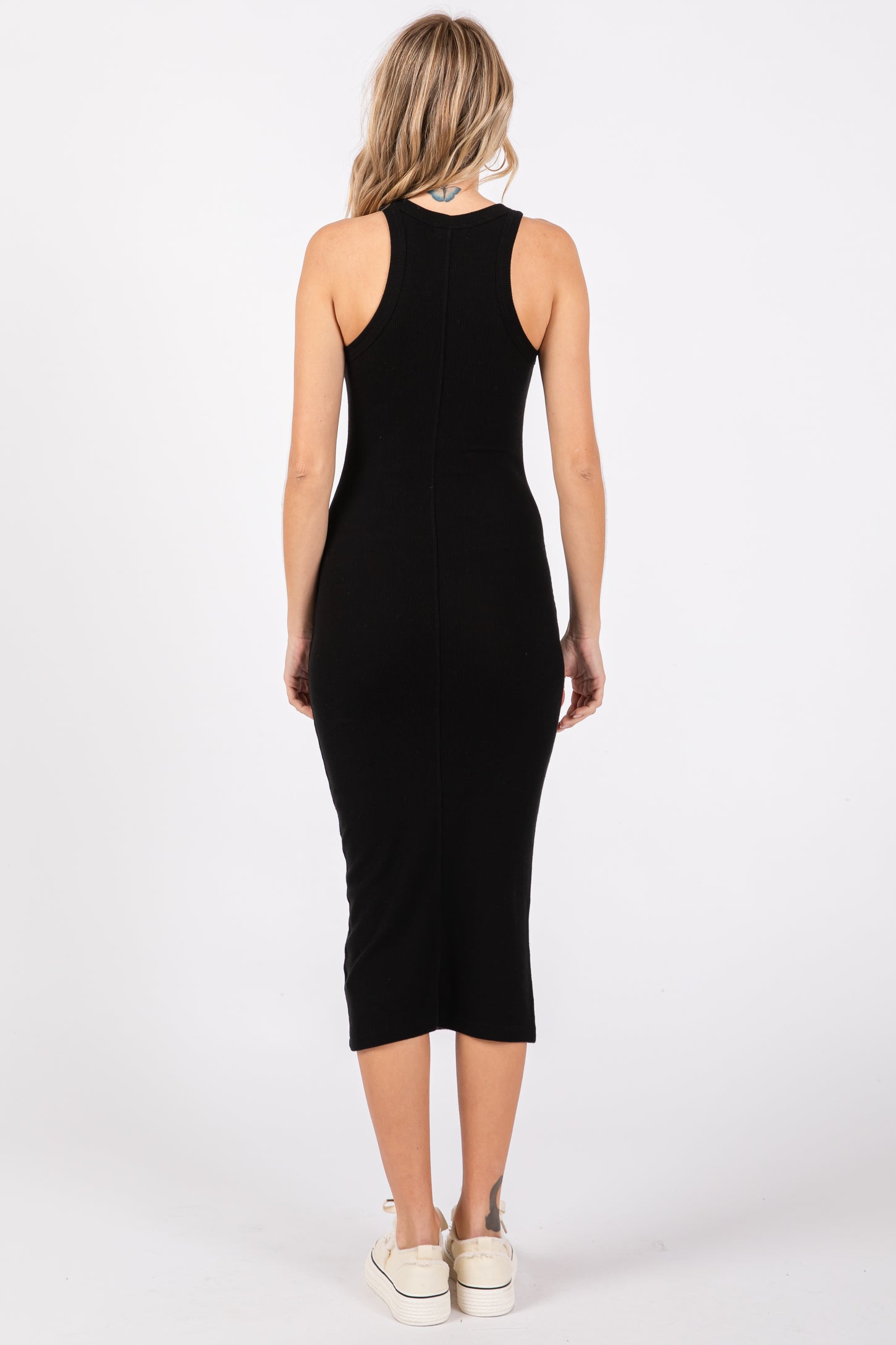 Black Sleeveless Ribbed Fitted Midi Dress