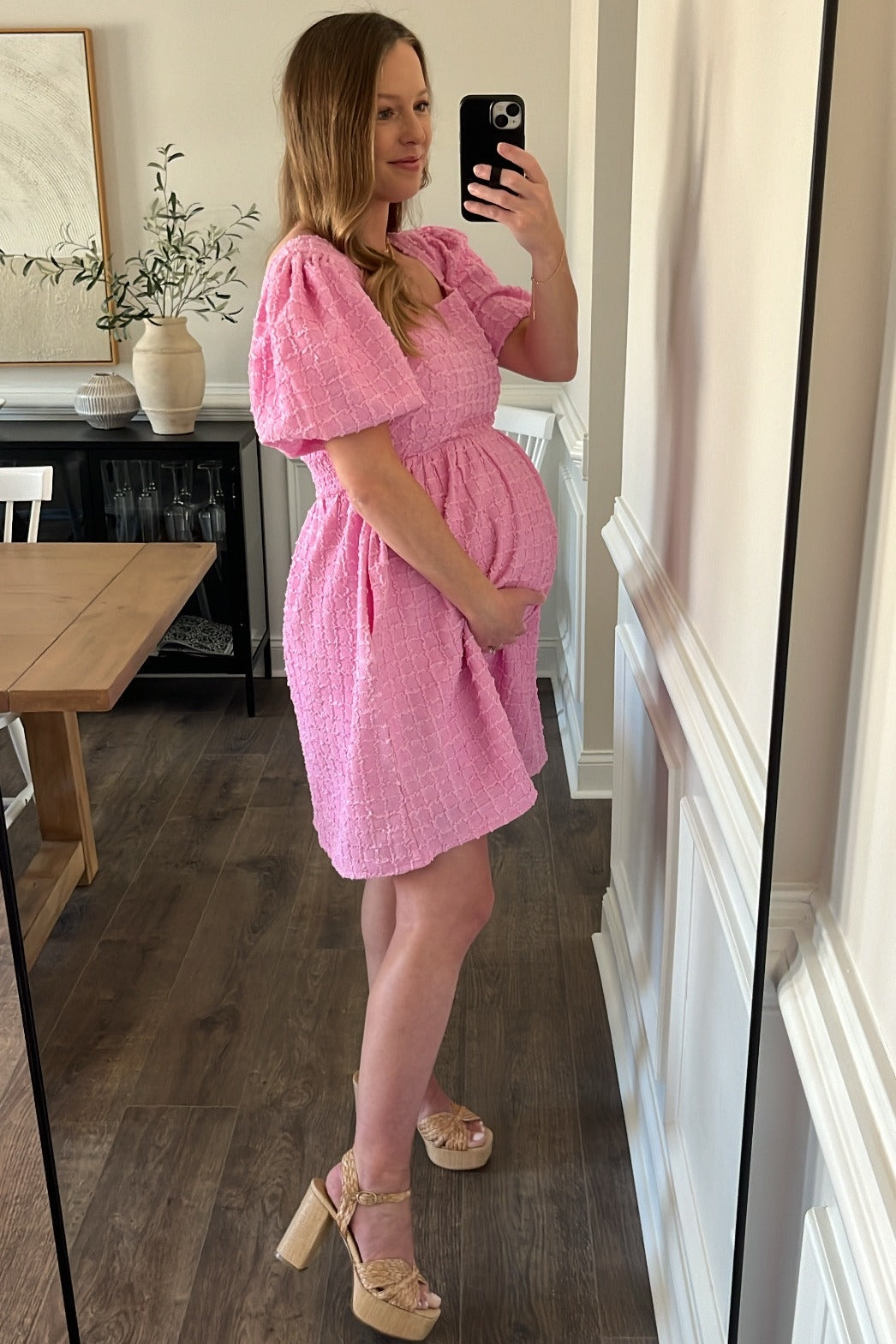 Pink Textured Bubble Sleeve Maternity Mini Dress
