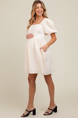 Cream Textured Bubble Sleeve Maternity Mini Dress
