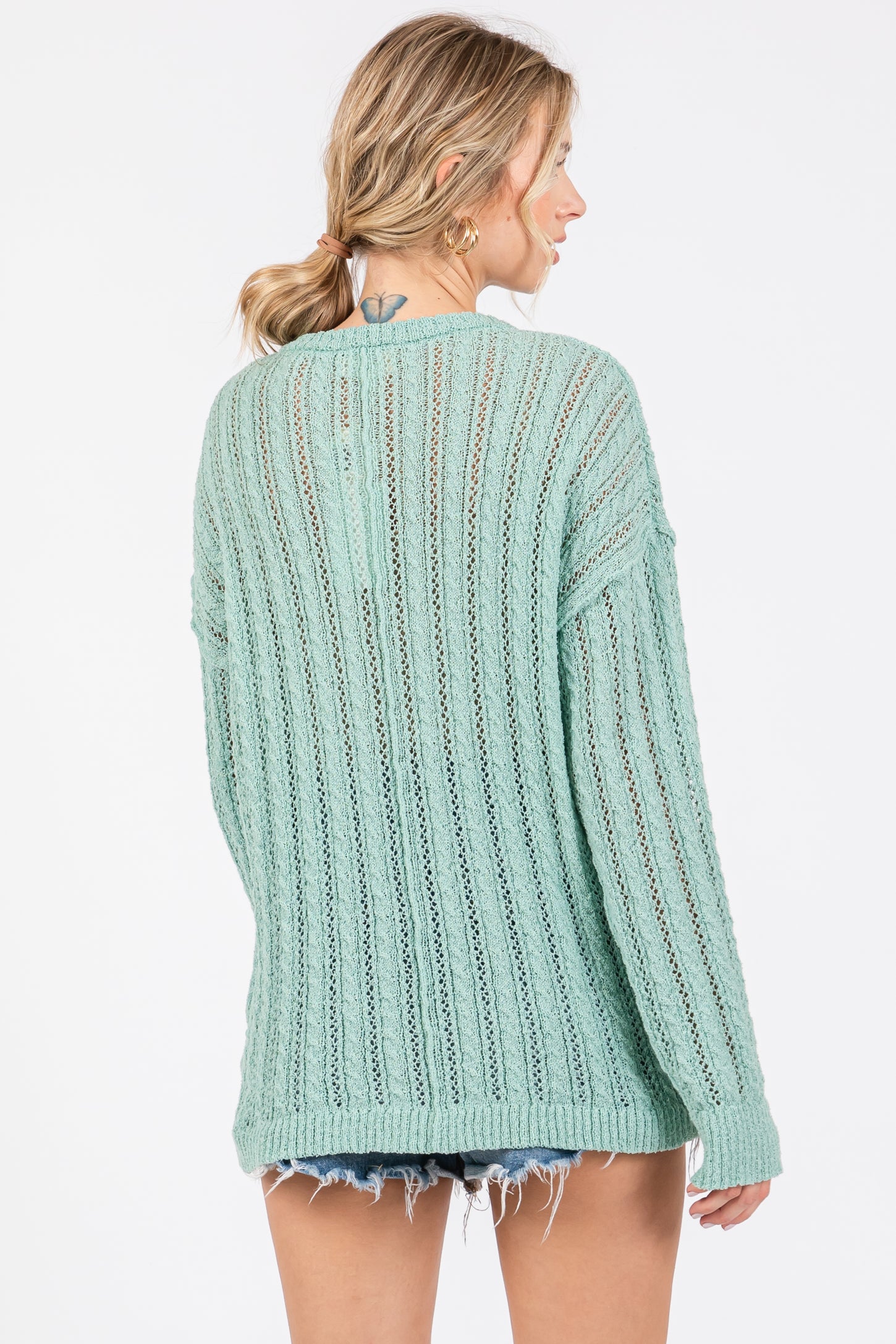 Mint Green Open Knit Front Button Sweater