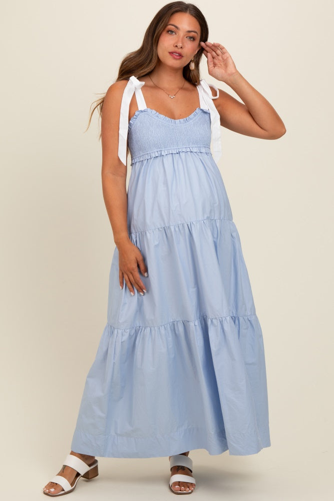 Light Blue Contrast Shoulder Straps Maternity Maxi Dress Light Blue Contrast Shoulder Straps Maternity Maxi Dress