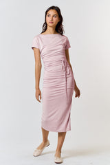 Lavender Boat Neck Side Ruched Waist Tie Maternity Midi Dress