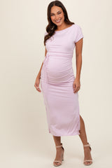 Lavender Boat Neck Side Ruched Waist Tie Maternity Midi Dress
