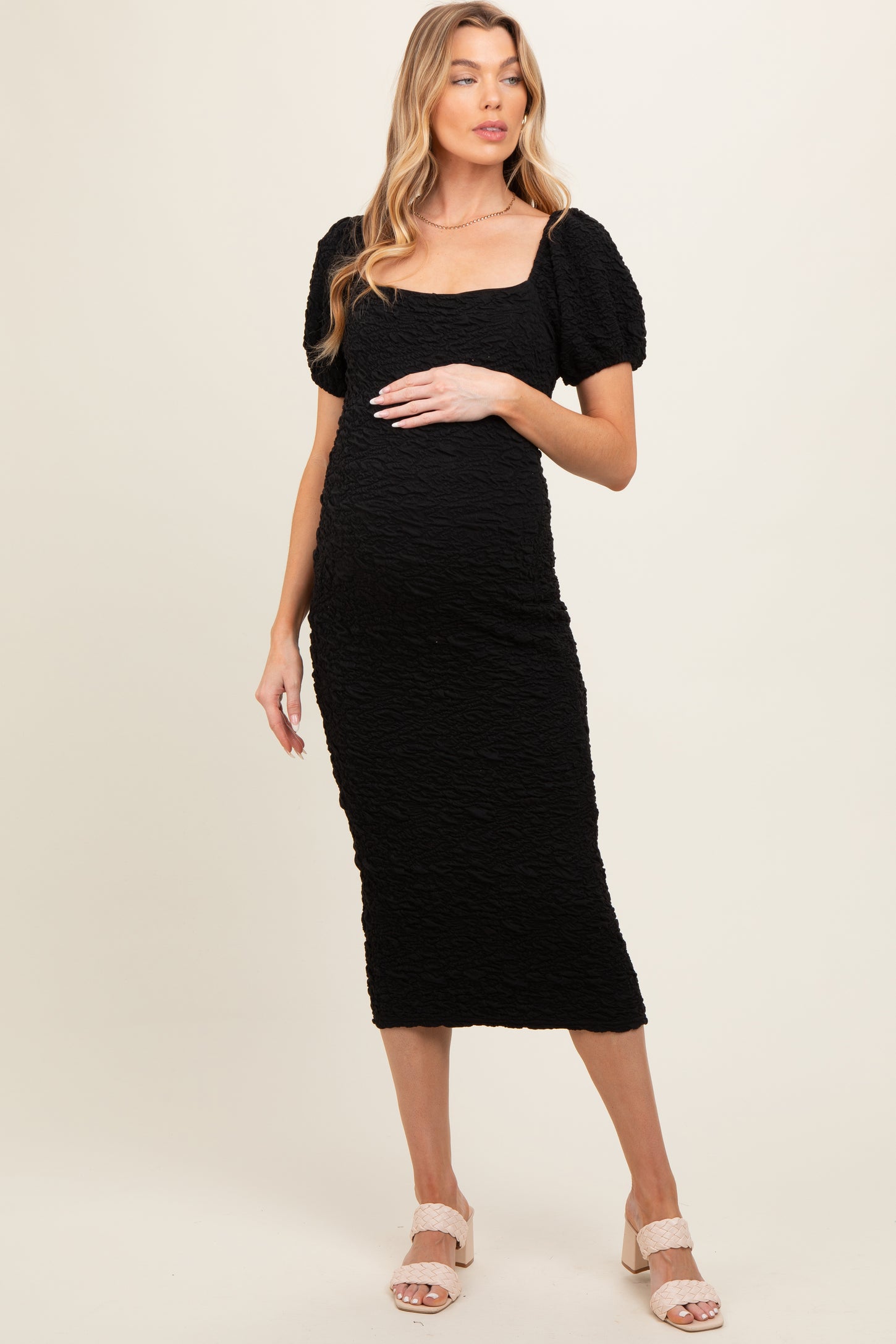 Black Textured Square Neck Puff Sleeve Maternity Midi Dress Black Textured Square Neck Puff Sleeve Maternity Midi Dress